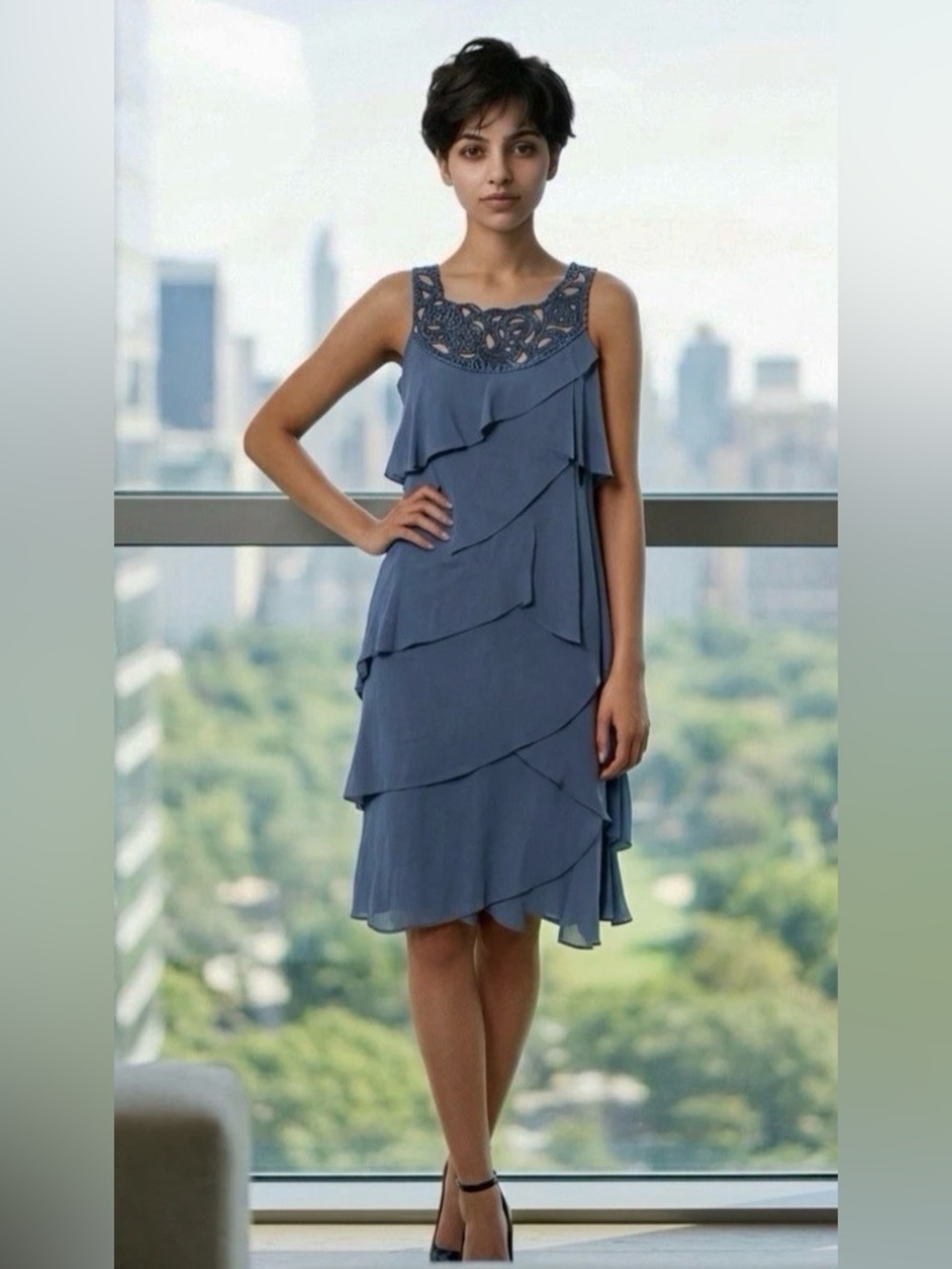 NEW SL FASHIONS TIERED GRAY CHIFFON SLEEVELESS TOP BEAD
EMBELLISHED SIZE 8 DRESS